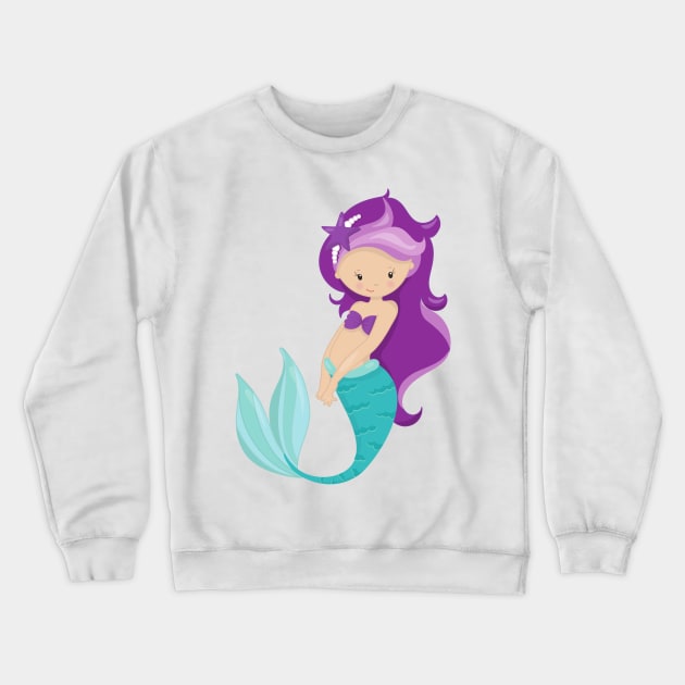 Cute Mermaid, Little Mermaid, Purple Hair, Star Crewneck Sweatshirt by Jelena Dunčević